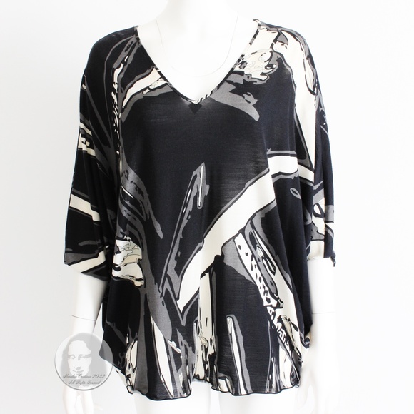 Emilio Pucci Top Batwing Sleeve Wool Blend Abstract Black White Gray Beige US 10 - Picture 3 of 9